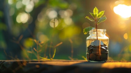 Poster - Plant growing from coins outside the glass jar on blurred green natural background