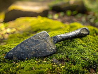 Canvas Print - Old rusty shovel resting on moss-covered ground