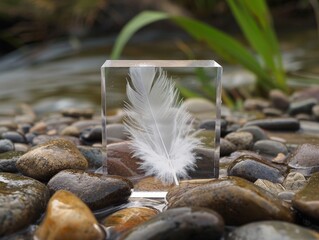 Wall Mural - Delicate feather encased in glass on pebbles