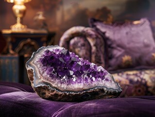 Wall Mural - Amethyst crystal geode on purple velvet cushions