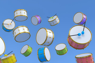 Wall Mural - Many of flying drums or drumset on blue background