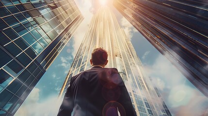 Wall Mural - A man in a business suit standing in front of a giant skyscraper, looking up at its peak with determination, representing his ambition to climb the corporate ladder and achieve success