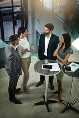 Poster - Boardroom, ideas and tablet for employees with executive, conversation and planning of project for investor. Corporate, men and women in office, people and listening for brainstorming and discussion