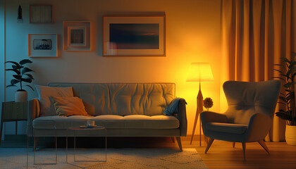 Wall Mural - Interior of living room with cozy grey sofa, armchair and glowin