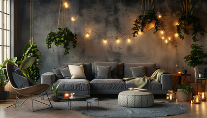 Wall Mural - Interior of living room with cozy grey sofa, armchair and glowin