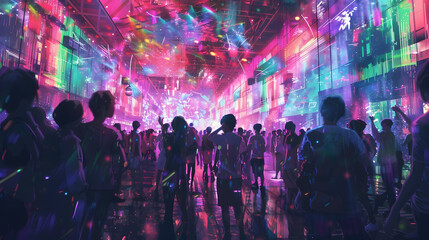 Canvas Print - dj night club party rave with crowd in music festive