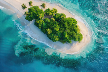 Wall Mural - A pristine tropical island with white sand and turquoise waters viewed from above
