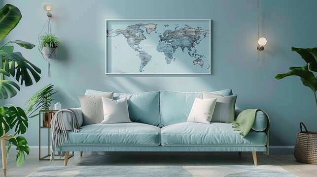 living room interior with sky blue sofa, poster map, plants, and elegant accessories
