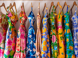 Colorful summer dresses hang on display racks, ready to brighten up any warm weather occasion.