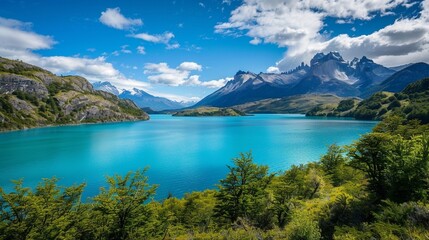 Wall Mural - A bright blue lake surrounded by mountains and trees.
