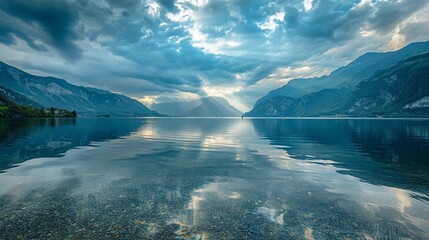 A calm lake surrounded by mountains, with a dramatic sky above.