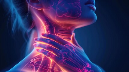 Wall Mural - Closeup view of a woman holding her neck with a highlighted pain area