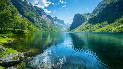 a lake surrounded by mountains and greenery on a clear day