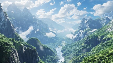 Wall Mural - A mountain range with a river running through the valley. The cliffs are covered in vegetation. The sky is blue with white clouds.