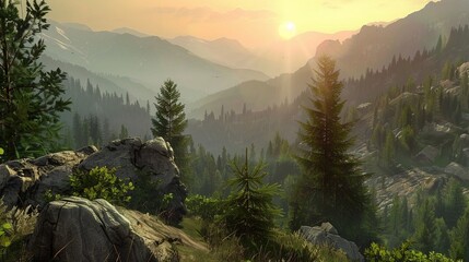A mountainous landscape with tall rocks, green trees, and a sunset in the background.