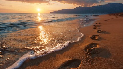 Wall Mural - A sandy beach with footprints leading to the water, where the sun is setting