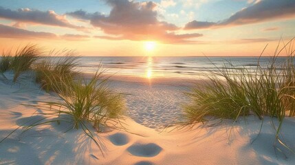 Wall Mural - A sandy beach with tall grass and a sunset in the background