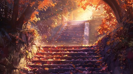 Wall Mural - A stairway surrounded by autumn leaves leading to a bright light.