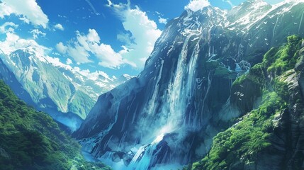 Wall Mural - a waterfall surrounded by mountains and a blue sky with clouds.
