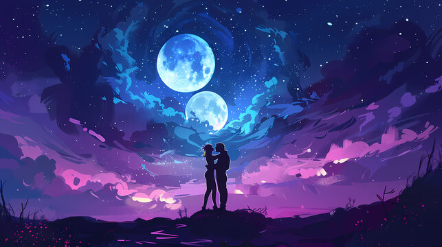 Romantic couple in love in the night sky.