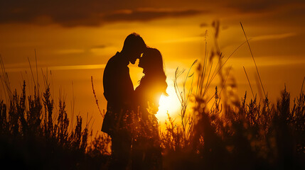 Wall Mural - silhouette of Couple in love silhouette during sunset 