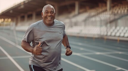 Smiling elderly black man jogging in green park outside in the morning, promoting an active lifestyle and engagement in sports for senior people, AI generated image