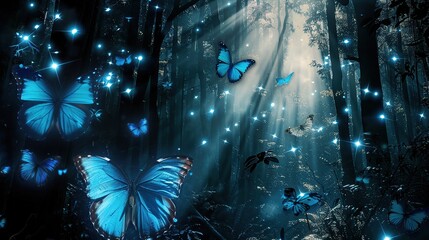 Poster - Ethereal Glow, Nighttime Forest Alive with Blue Butterflies and Light Rays. Generative Ai