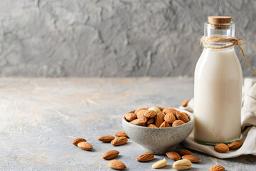 Wall Mural - a bowl of almonds and a bottle of milk