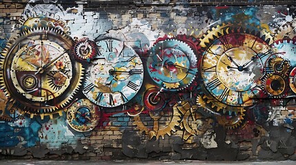 A graffiti wall with an abstract pattern of interlocking gears and clock faces, time in motion