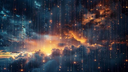 Wall Mural - A stormy sky with lightning bolts made of encrypted codes representing the strong protection of your crypto assets in the cloud.