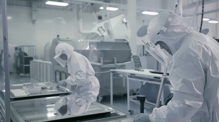 Poster - Technicians in clean suits working on a satellite in a clean room.