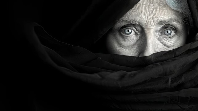 A woman with blue eyes is wearing a black scarf