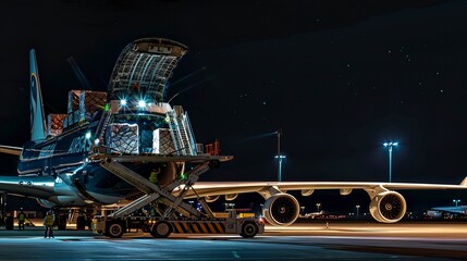 Poster - Night shot of a cargo plane being loaded at an international airport. 