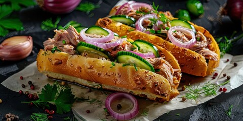 Wall Mural - An idea for a healthy and balanced lunch, a sandwich made of integral bread with canned tuna and vegetables, cucumbers and onions, background, wallpaper.
