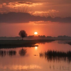 Poster - the sun setting over a lake and some trees, with the clouds behind it