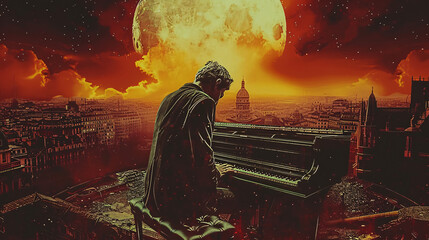 Poster - Pianist playing under the moonlight with a double exposure of a busy city and text area