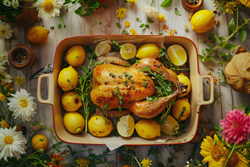 Wall Mural - a chicken and lemons in a pan