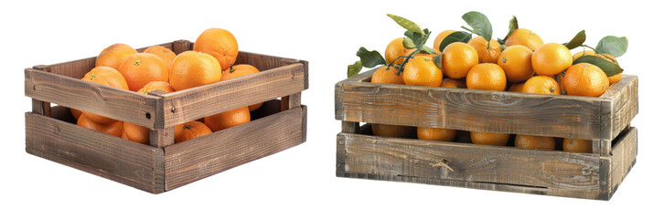 Poster - wooden box of oranges, isolated on white or transparent PNG