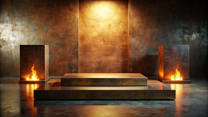 Wall Mural - Rustic room with a dramatic podium flanked by burning torches.