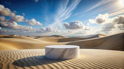 Sticker - A marble platform set amidst the rolling sand dunes under a bright sky.