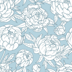 Poster - Outlined peony pattern. Seamless floral background, vintage drawing. Botanical print with blossomed flowers in retro style. Endless texture. Hand-drawn contoured vector illustration for textile