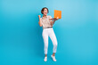 © deagreez - Full size portrait of glad positive girl use laptop raise fist shout yes hooray achievement isolated on blue color background