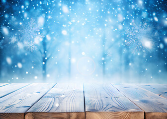 Wall Mural - snow background light floor cold empty blue wooden space white table xmas top counter