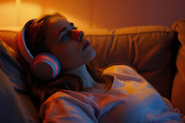 Depressed young woman listening to music on sofa