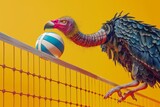 Fototapeta  - A bird is holding a volleyball on its beak