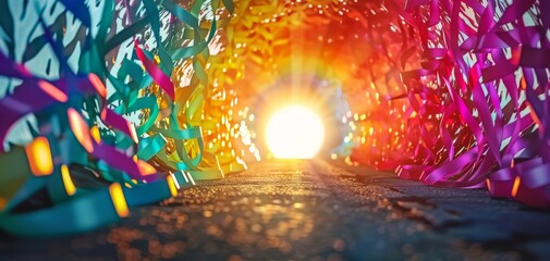 Light at the end of a tunnel formed by cancer ribbons, representing the hope and innovation in overcoming cancer