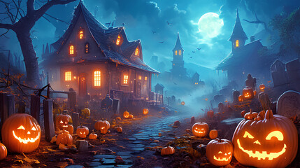 Wall Mural - Spooky Haunted House with Jack-o'-Lanterns and Full Moon