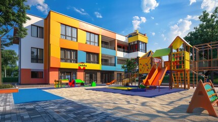 colorful preschool building exterior on sunny day