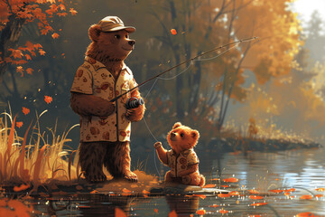 Wall Mural - Illustration of a father bear and his cub are fishing together by the riverside