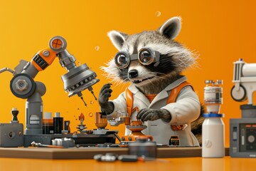 Wall Mural - A raccoon is wearing sunglasses and working on a robot